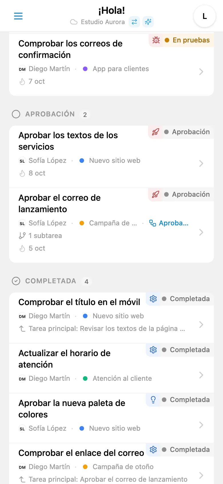 Columna de tareas completadas en un tablero Kanban