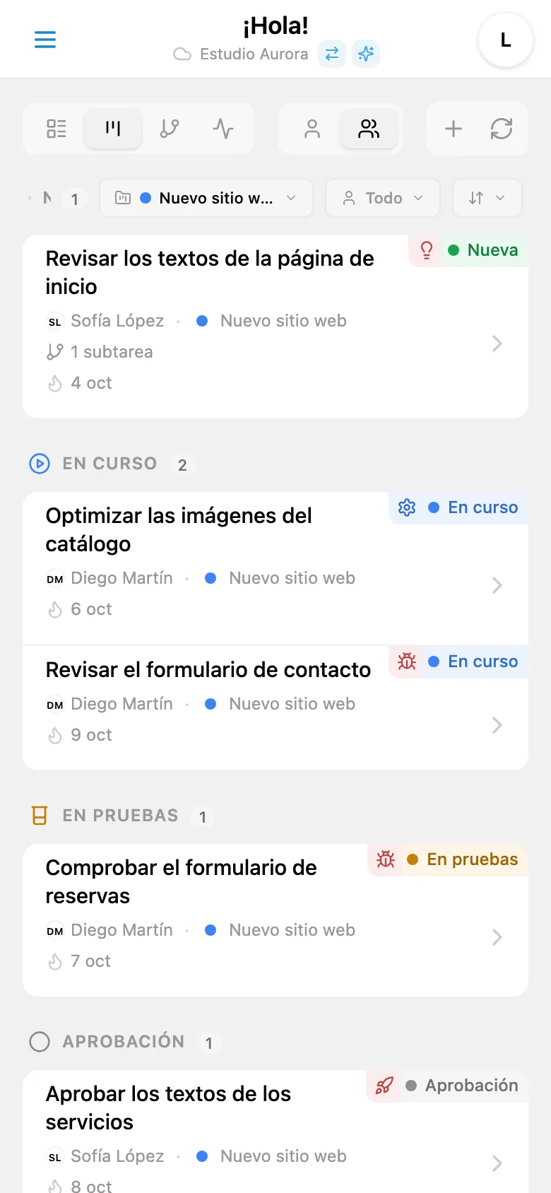 Tablero Kanban filtrado por proyecto