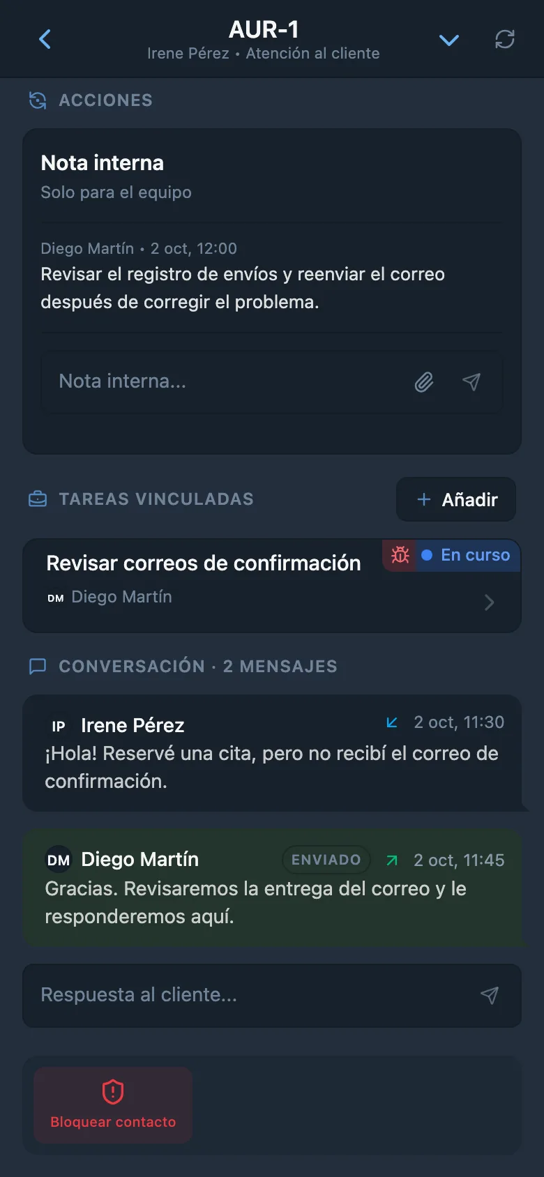 Solicitud de cliente abierta con su estado y responsable
