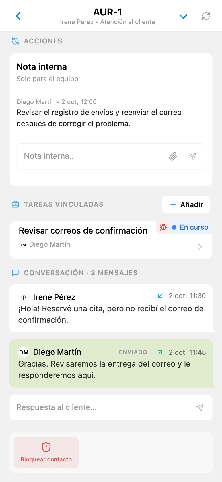 Solicitud de cliente abierta con su estado y responsable