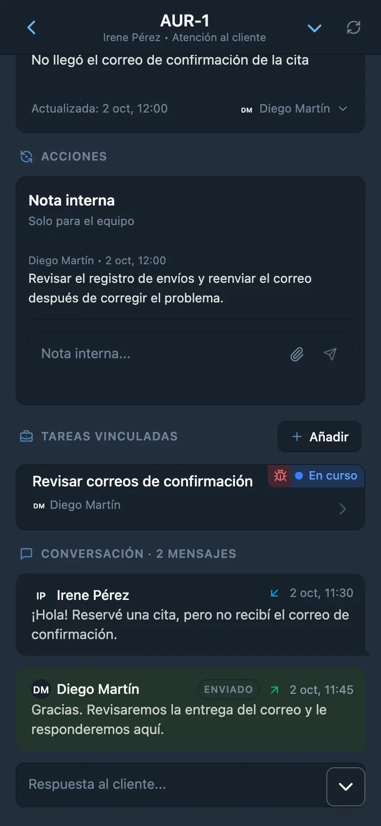 Nota interna en una solicitud de HelpDesk