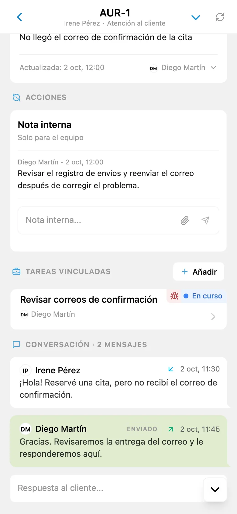 Nota interna en una solicitud de HelpDesk