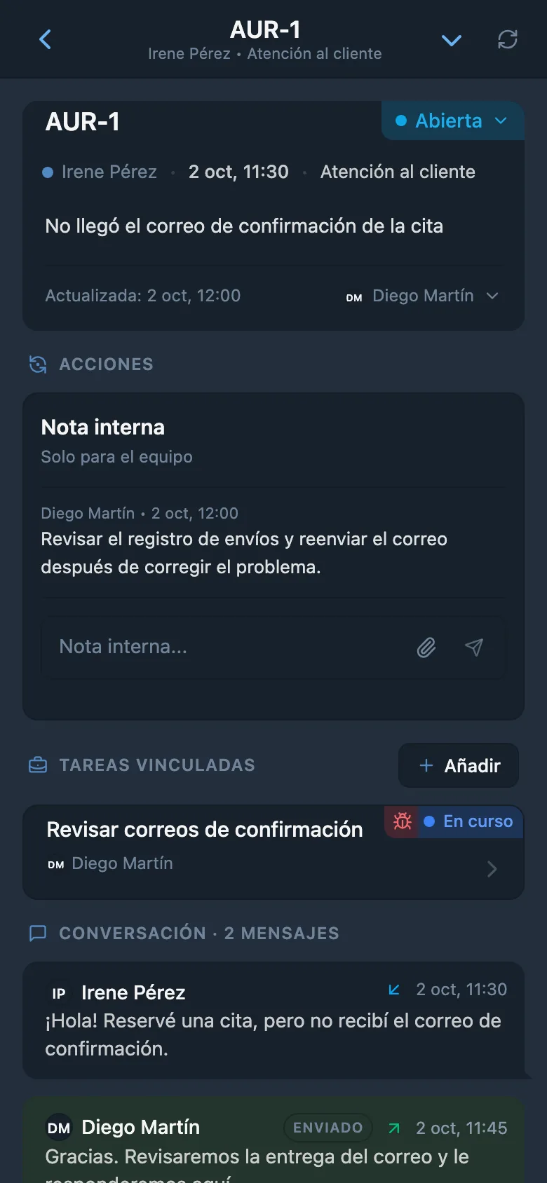 Solicitud de cliente con un enlace a una tarea relacionada