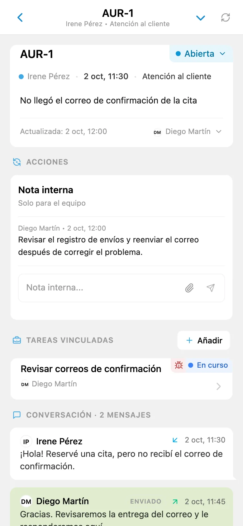 Solicitud de cliente con un enlace a una tarea relacionada