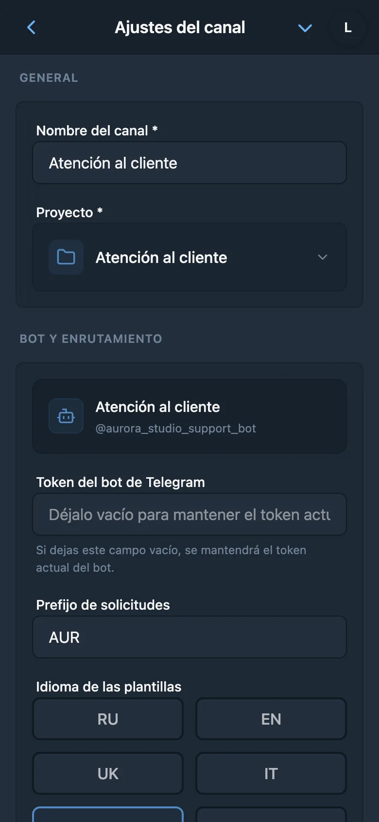 Ajustes generales del canal de HelpDesk