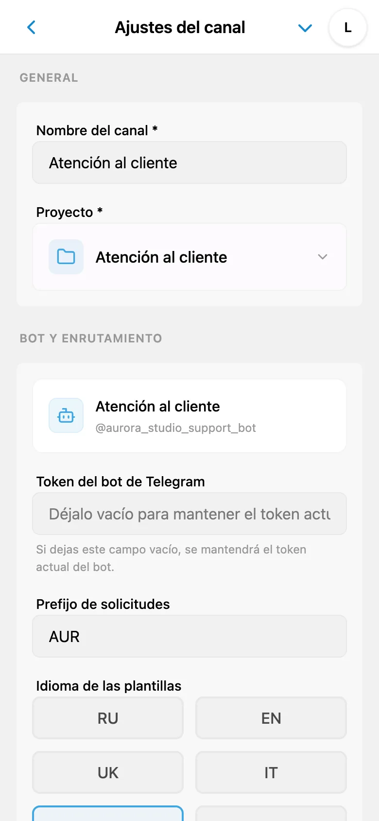 Ajustes generales del canal de HelpDesk
