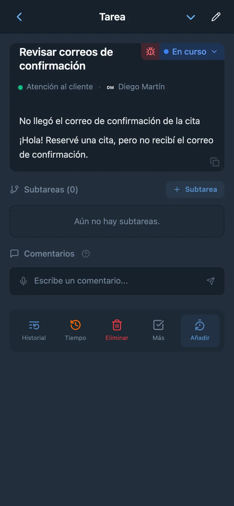 Ficha de una tarea vinculada a una solicitud de cliente