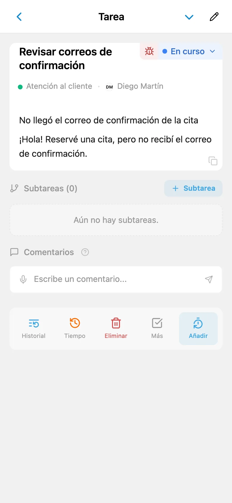 Ficha de una tarea vinculada a una solicitud de cliente