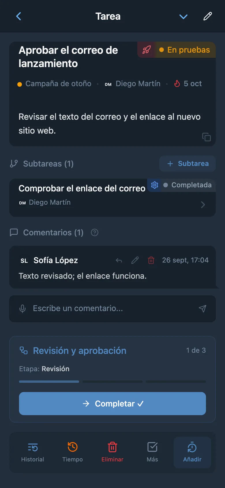 Tarea en la etapa de revisión con el botón para pasar a la siguiente etapa