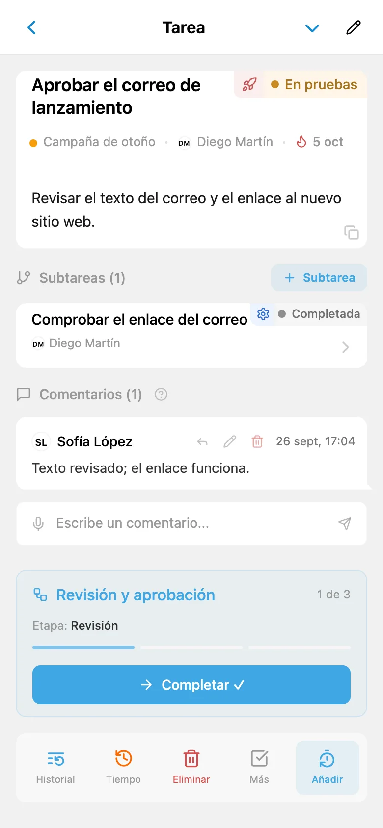 Tarea en la etapa de revisión con el botón para pasar a la siguiente etapa