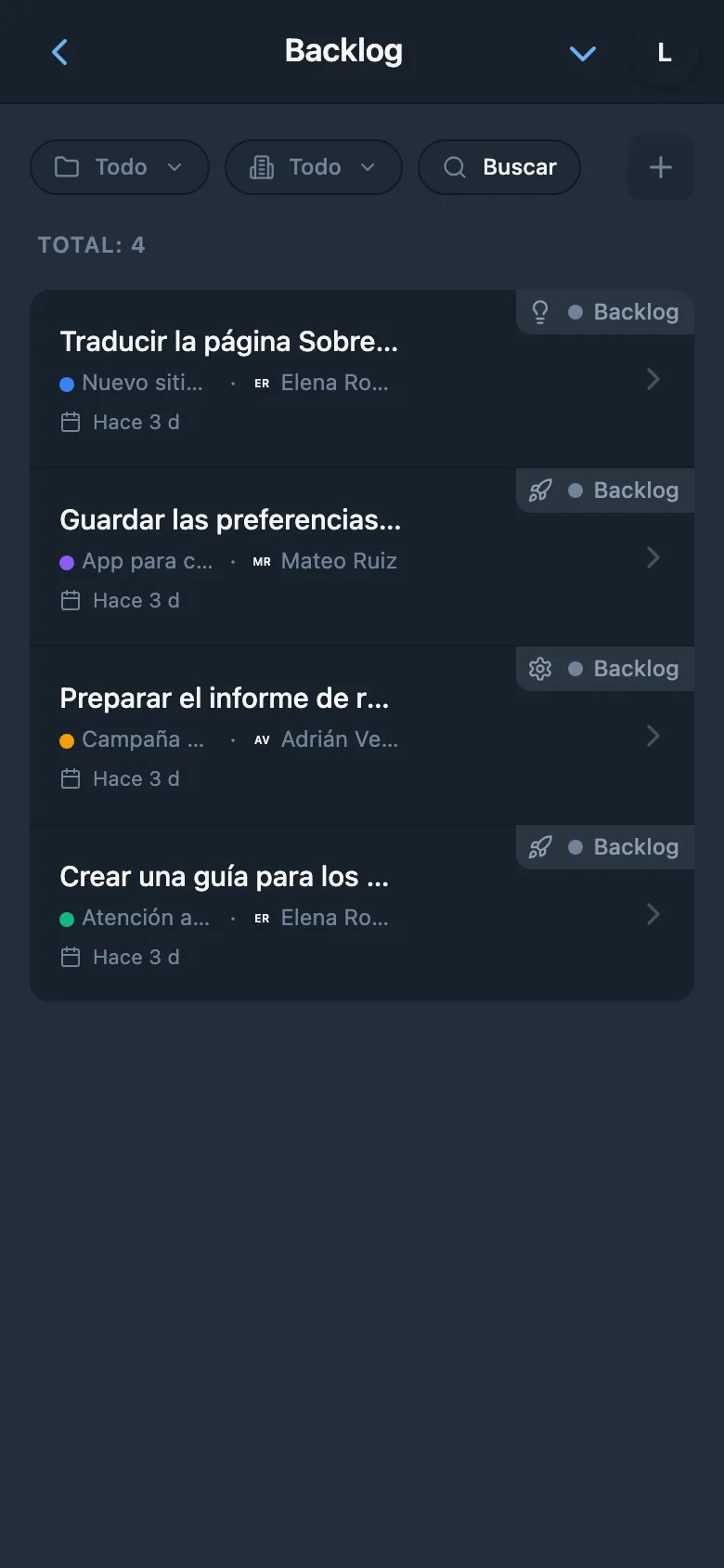 Backlog del proyecto con tareas que aún no se han iniciado