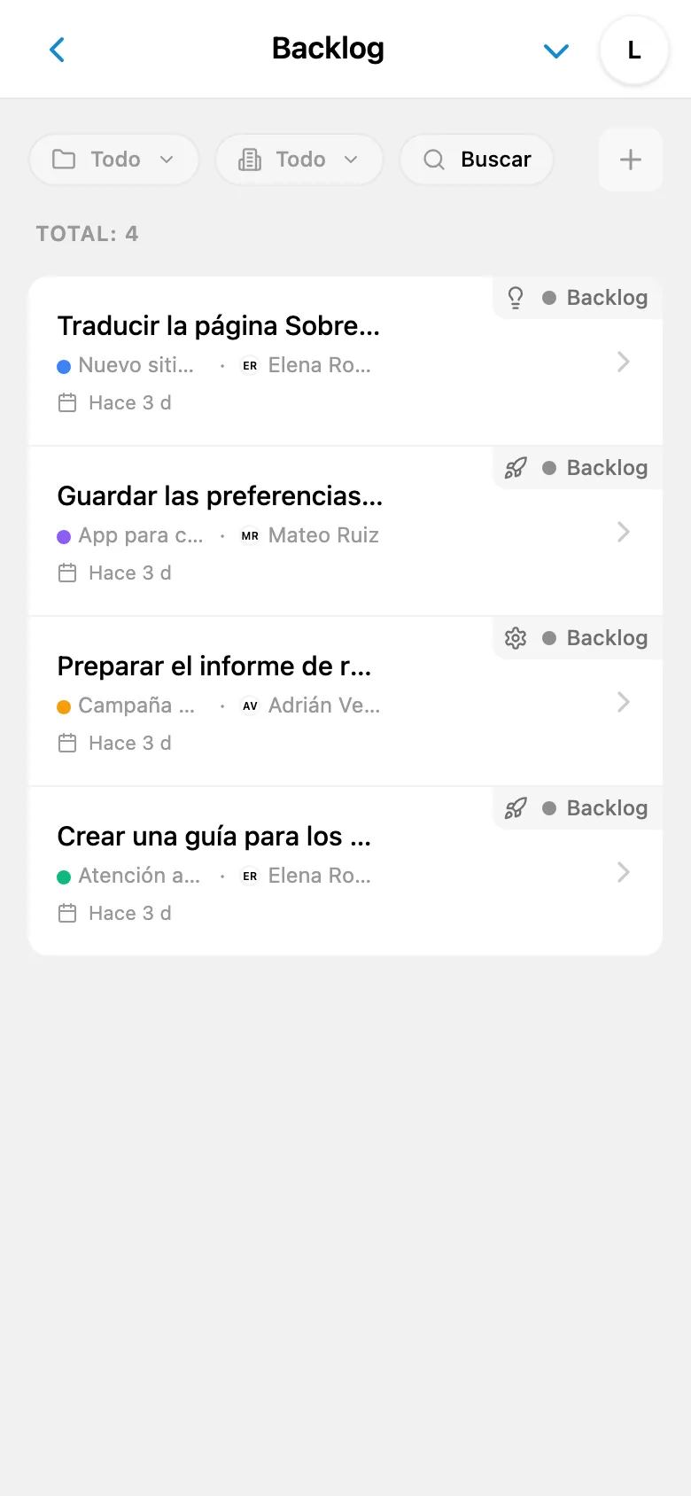 Backlog del proyecto con tareas que aún no se han iniciado