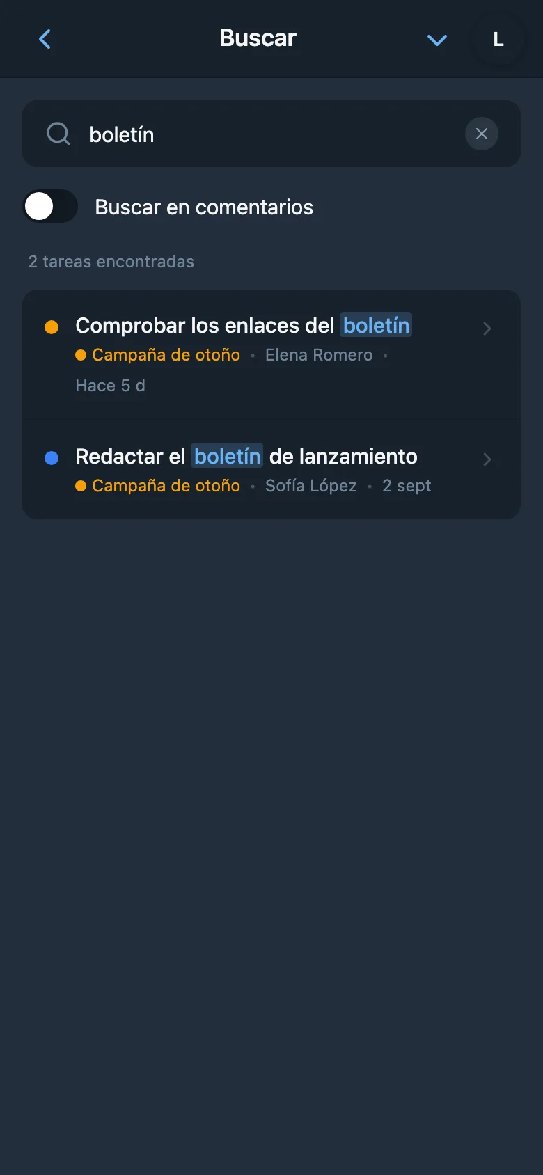Búsqueda de tareas con una consulta y sus resultados