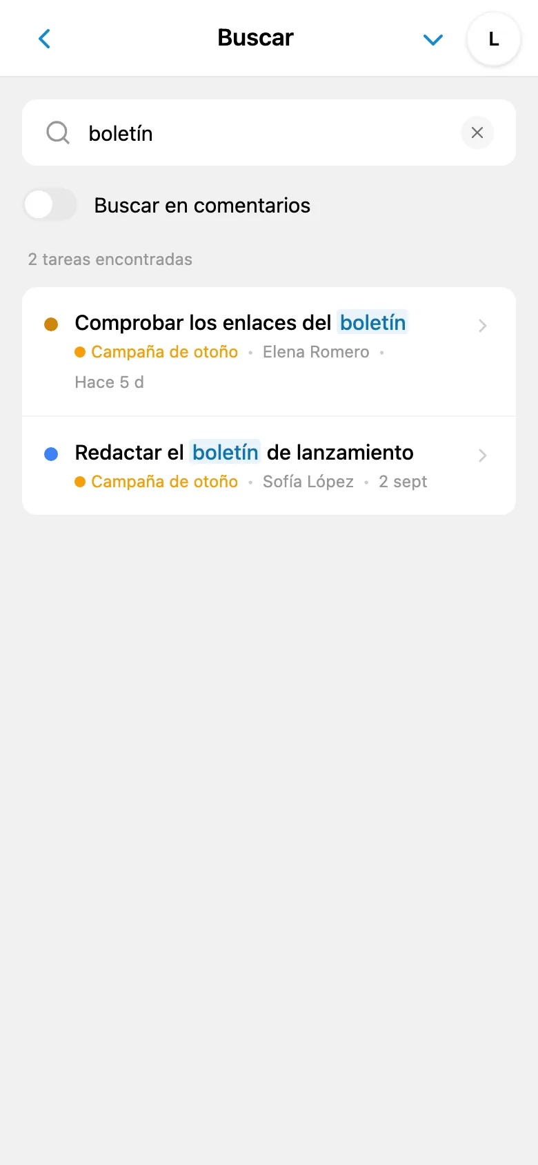 Búsqueda de tareas con una consulta y sus resultados