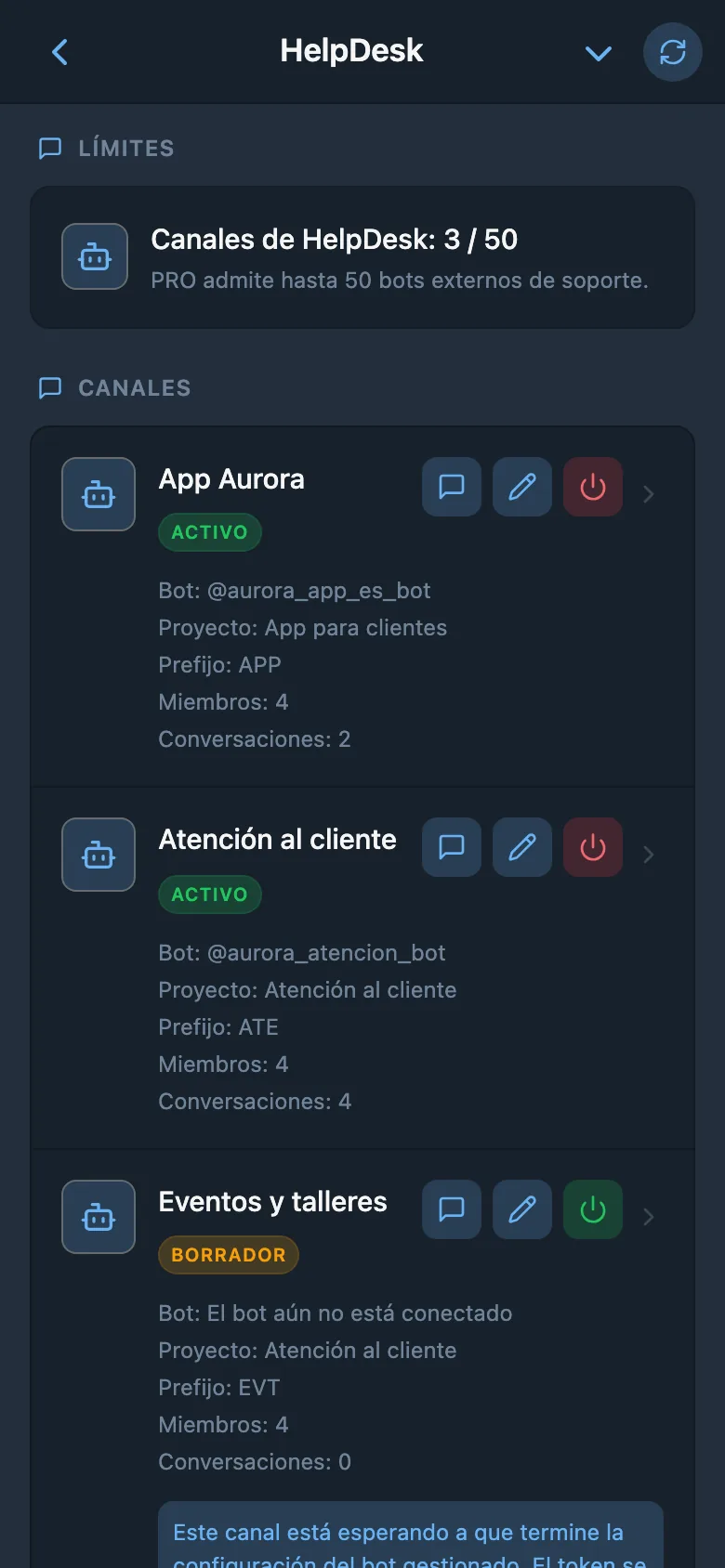 Lista de canales de HelpDesk