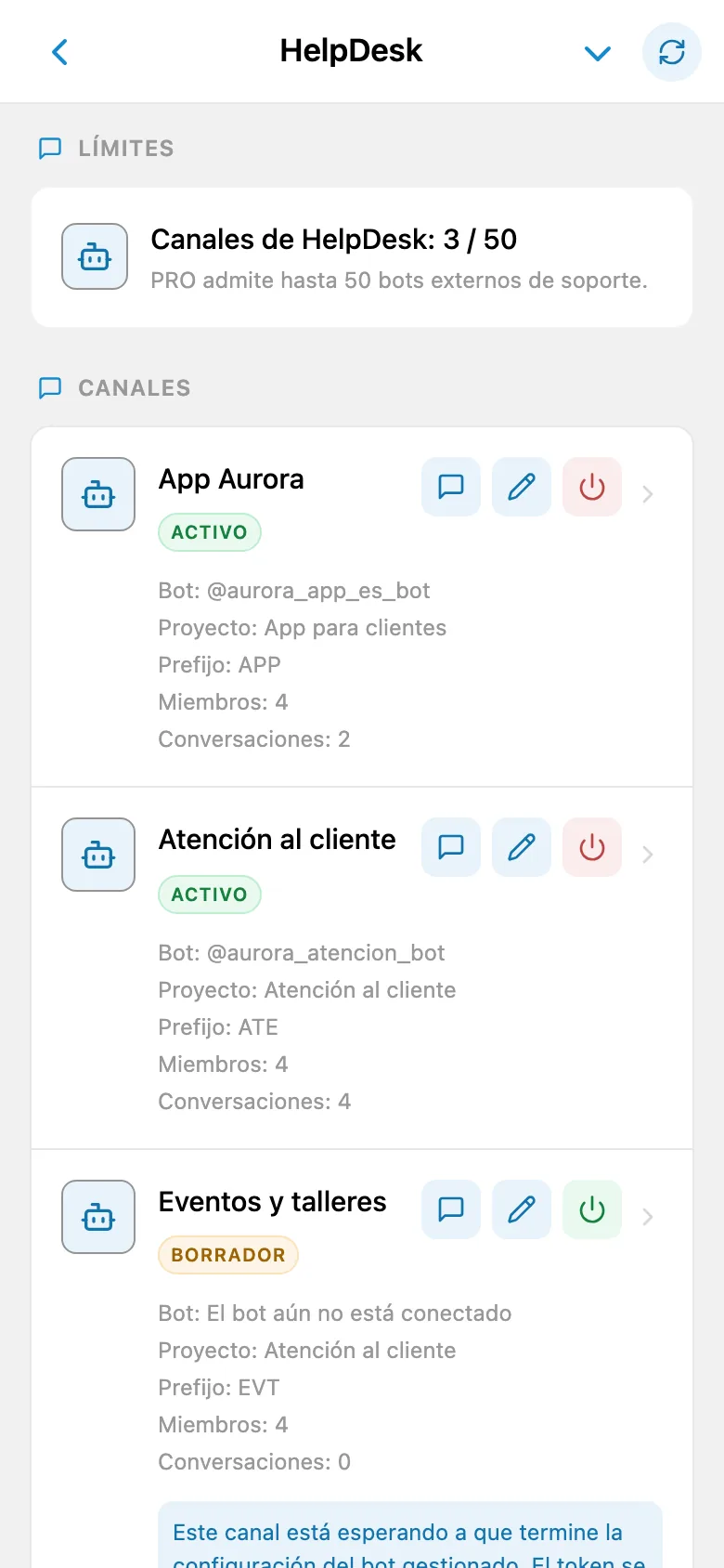 Lista de canales de HelpDesk