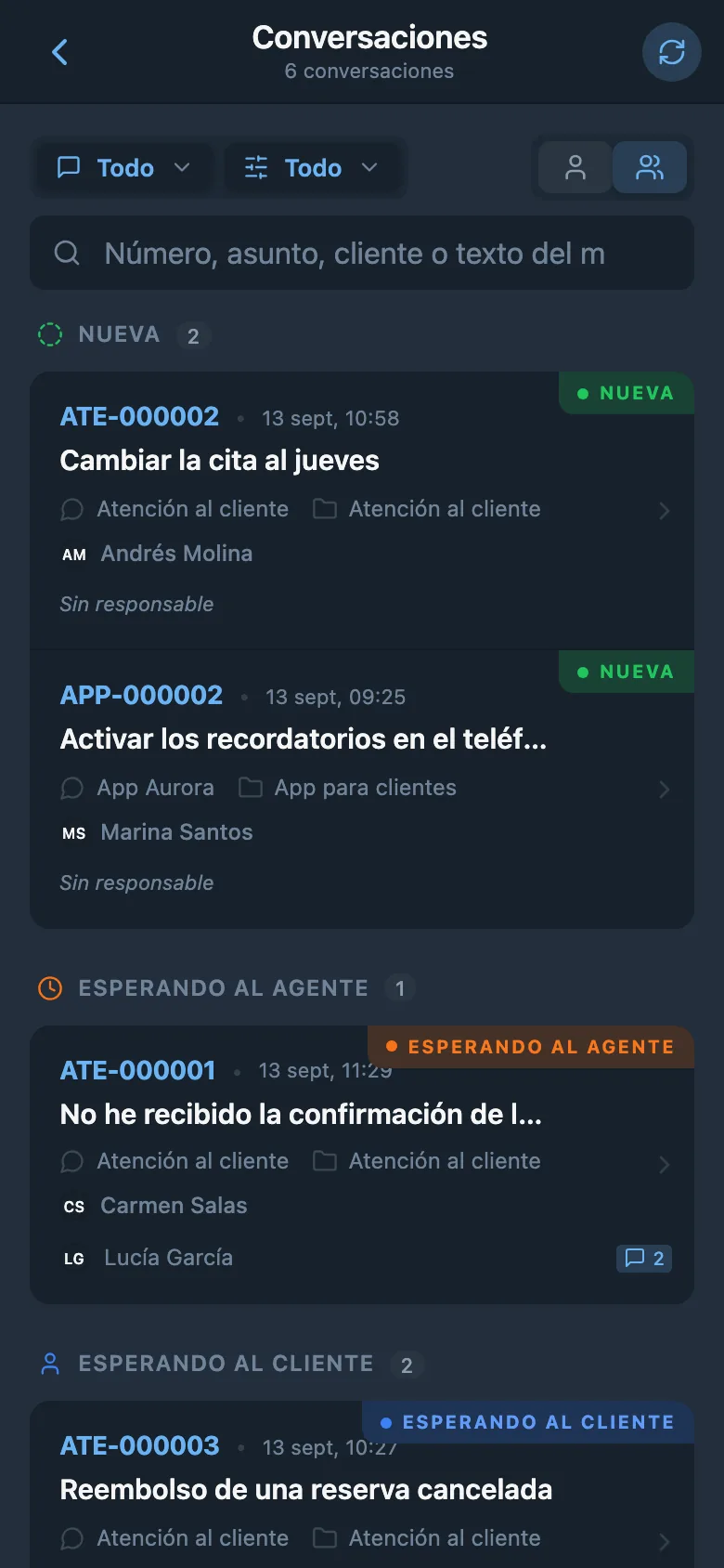 Solicitudes de clientes entrantes en distintos estados