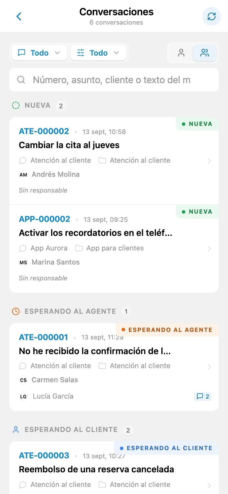 Solicitudes de clientes entrantes en distintos estados