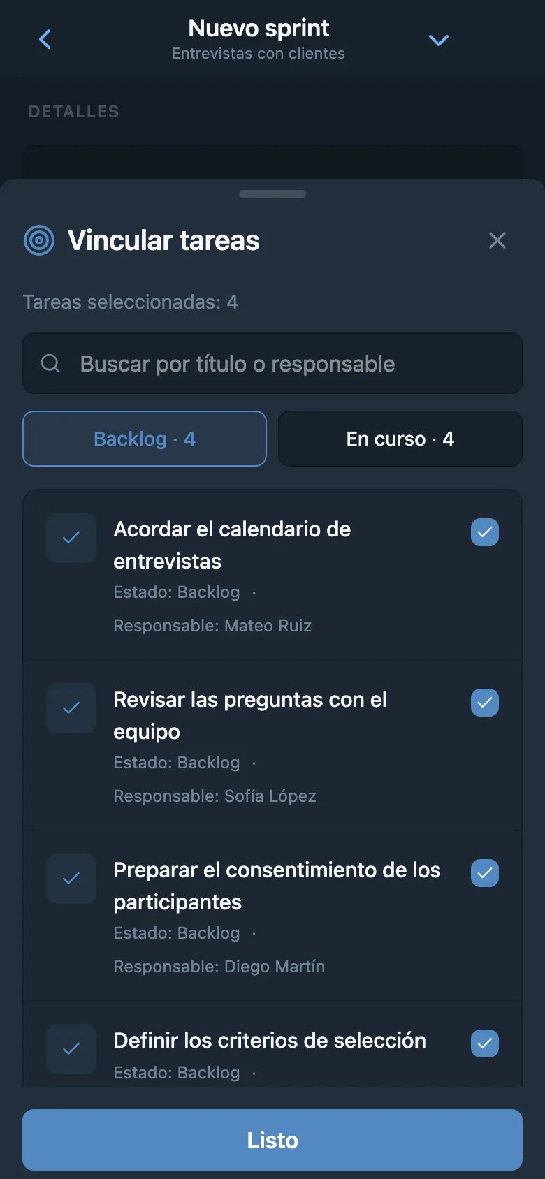 Selección de tareas del backlog del proyecto para añadirlas al sprint