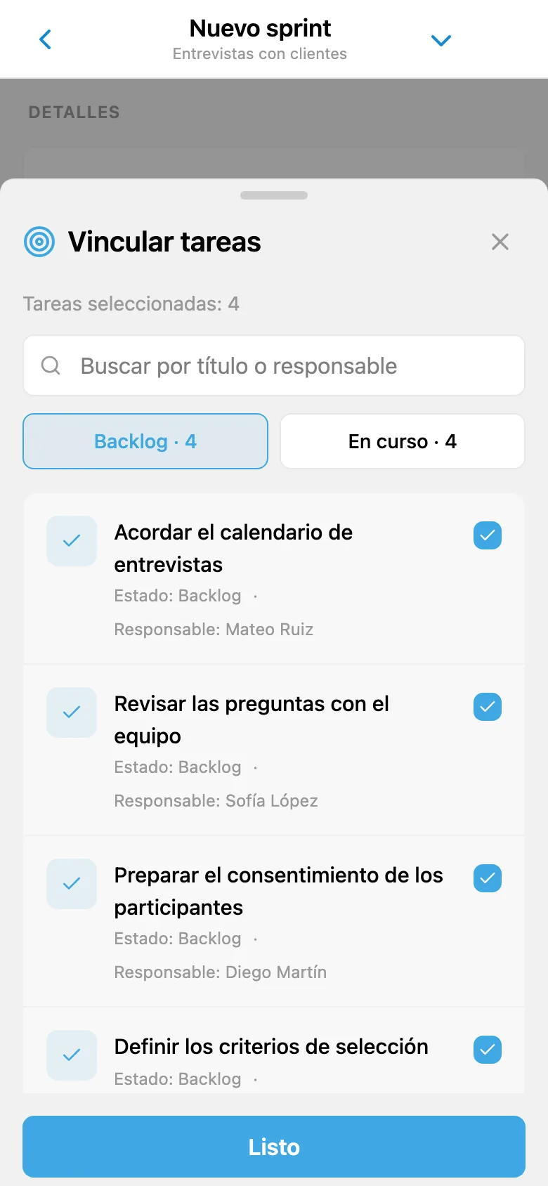 Selección de tareas del backlog del proyecto para añadirlas al sprint