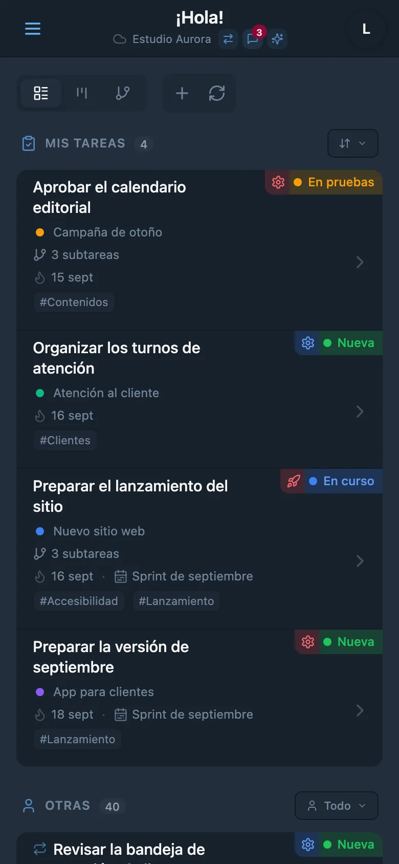 Lista de tareas del estudio con estados, proyectos y fechas límite
