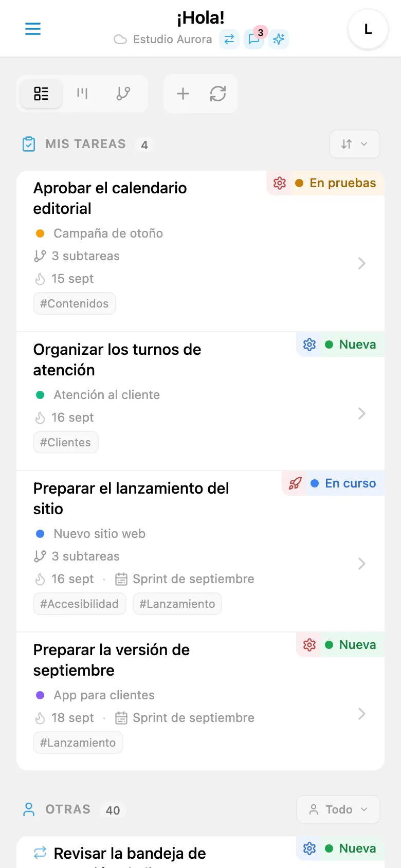 Lista de tareas del estudio con estados, proyectos y fechas límite