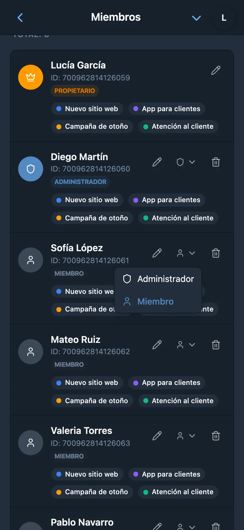 Selección del rol de un miembro del espacio de trabajo