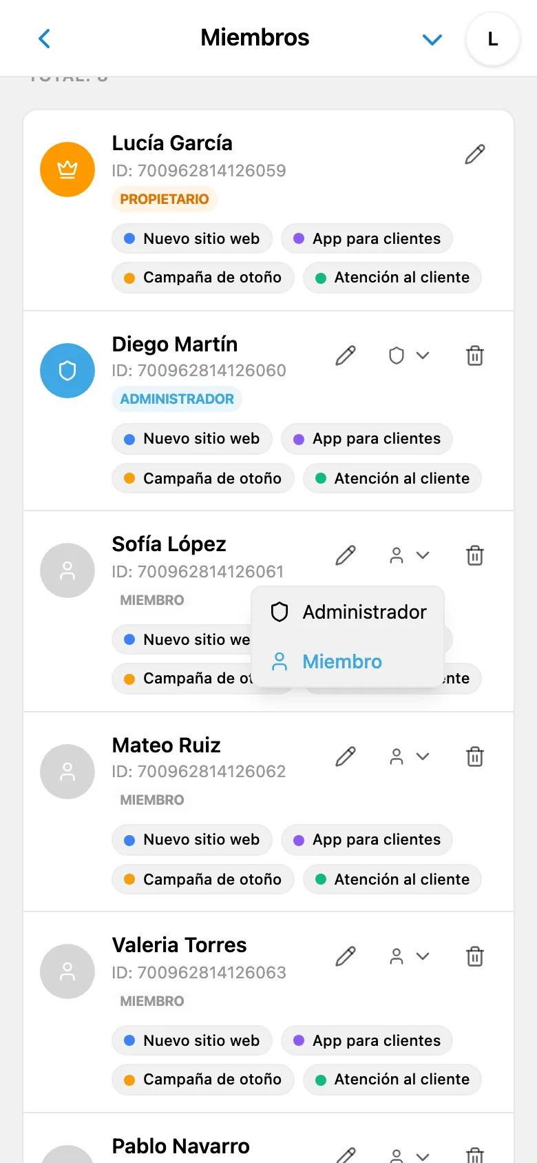 Selección del rol de un miembro del espacio de trabajo