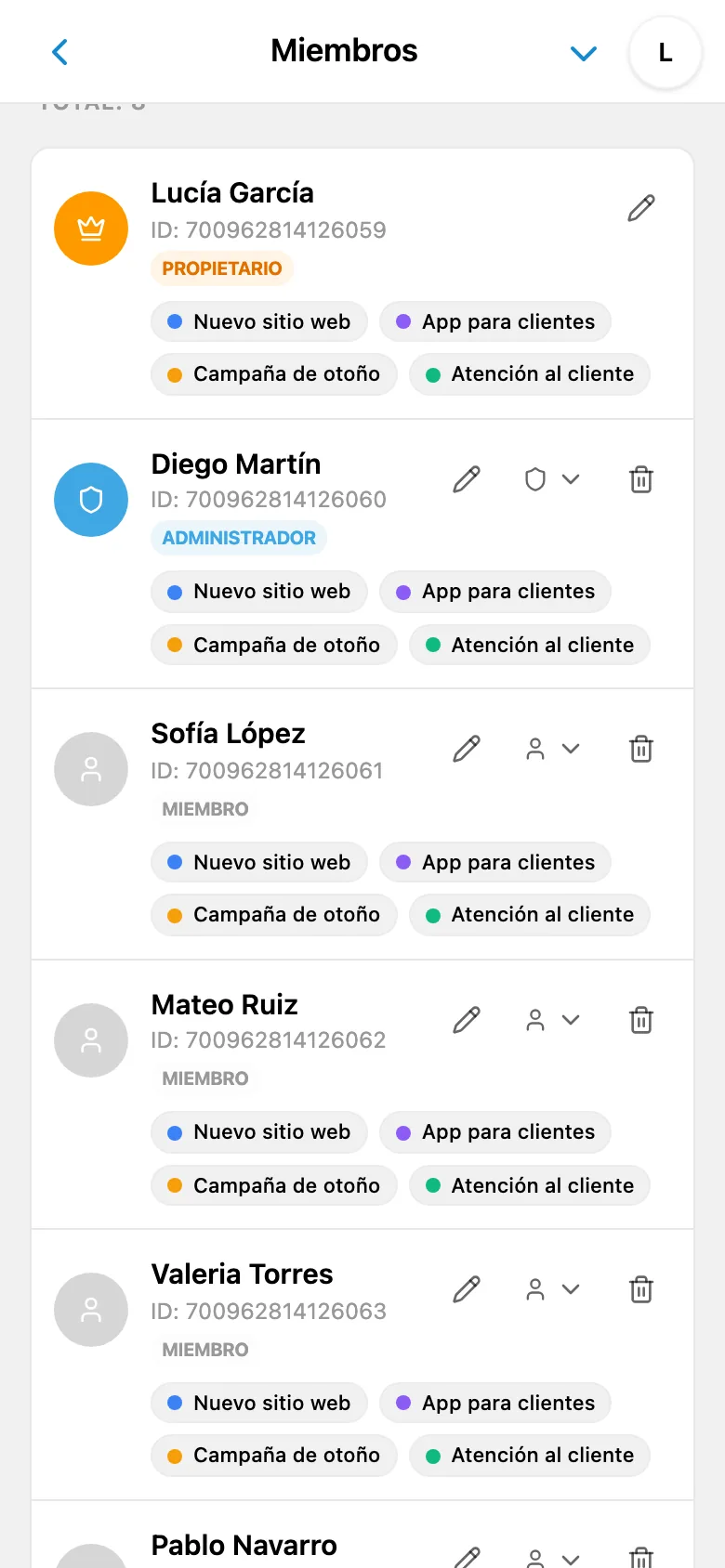 Lista de miembros del espacio de trabajo con los roles asignados
