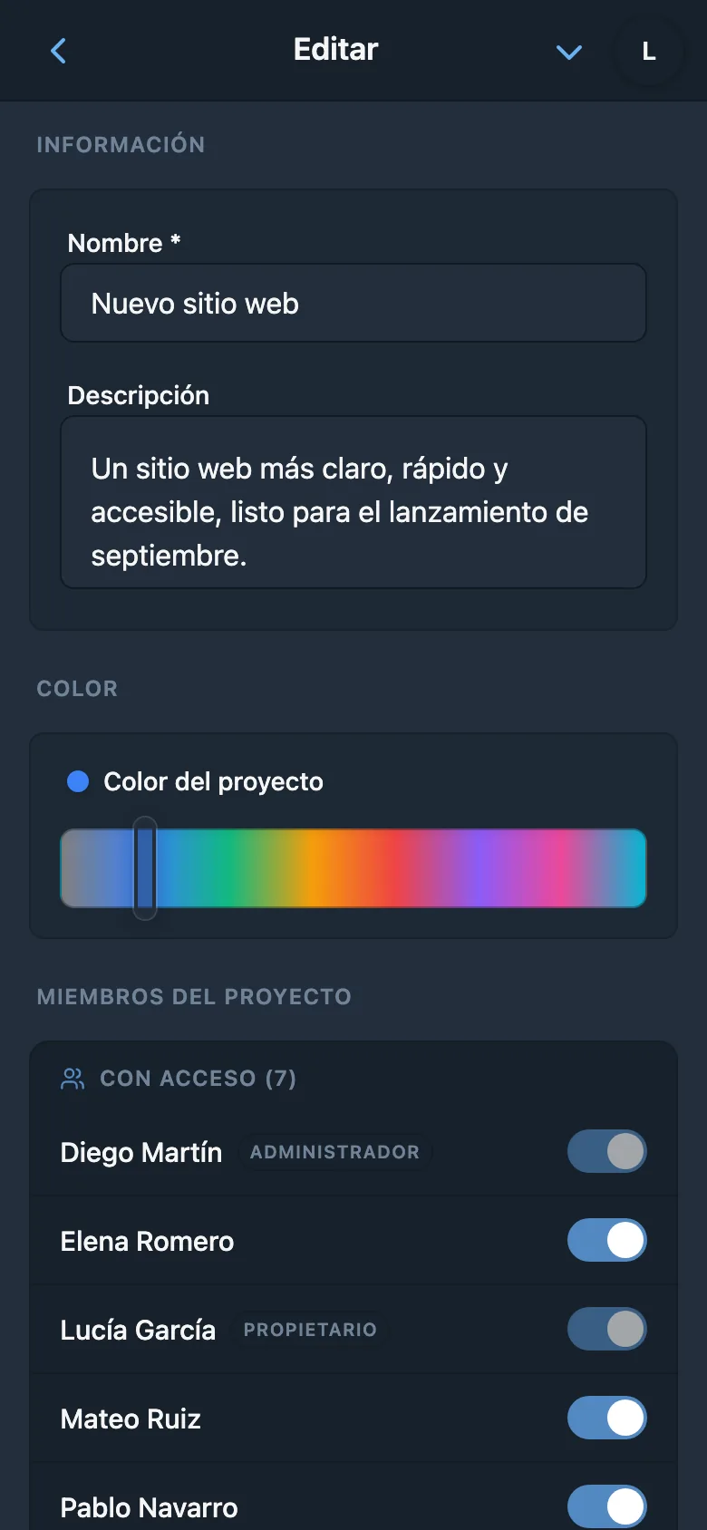 Selección de color en los ajustes del proyecto