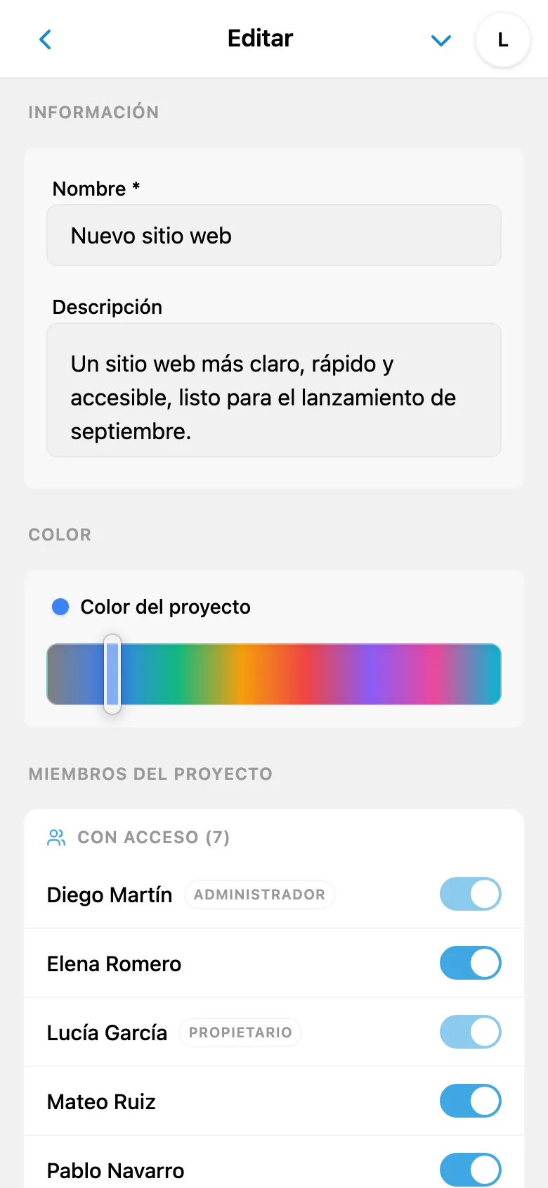 Selección de color en los ajustes del proyecto