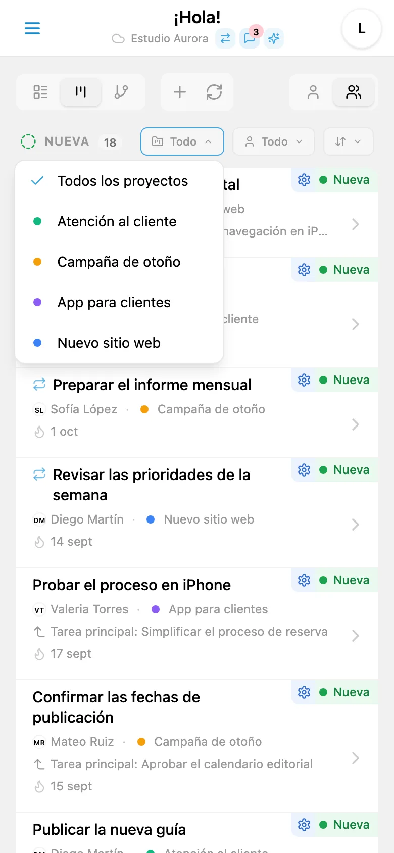 Panel de filtro de tareas por proyecto