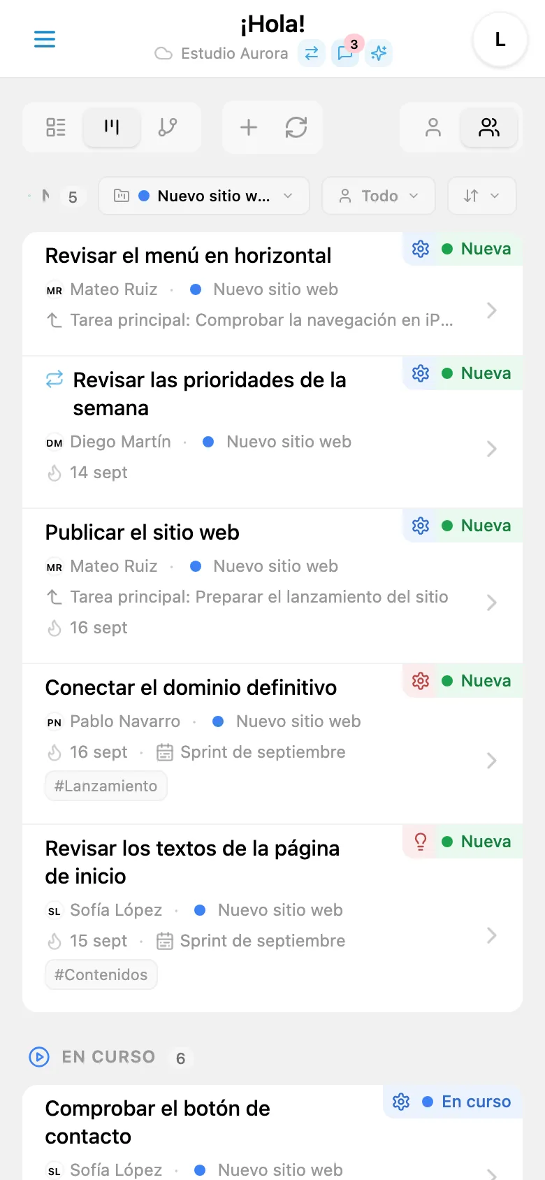 Tareas del proyecto seleccionado con su indicador de color