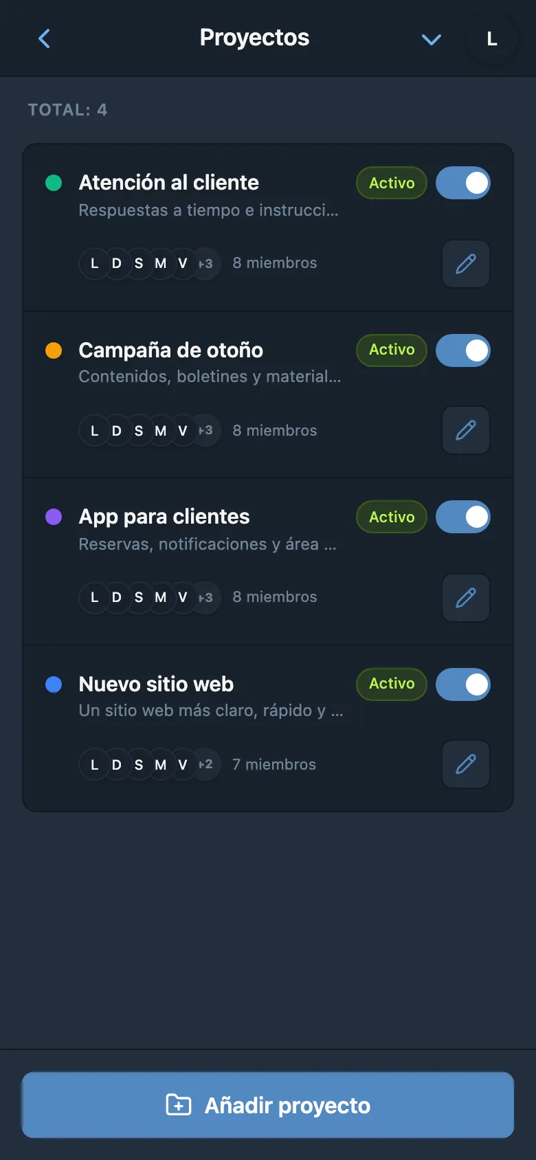 Proyectos del estudio: sitio web, app para clientes, campaña de otoño y soporte