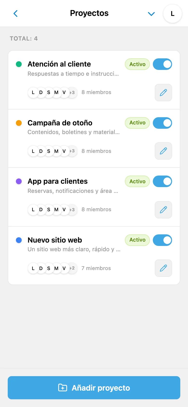 Proyectos del estudio: sitio web, app para clientes, campaña de otoño y soporte