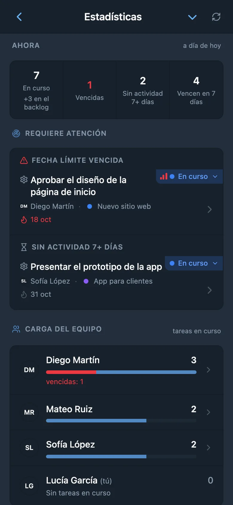Estadísticas de trabajo por proyecto y miembro del equipo