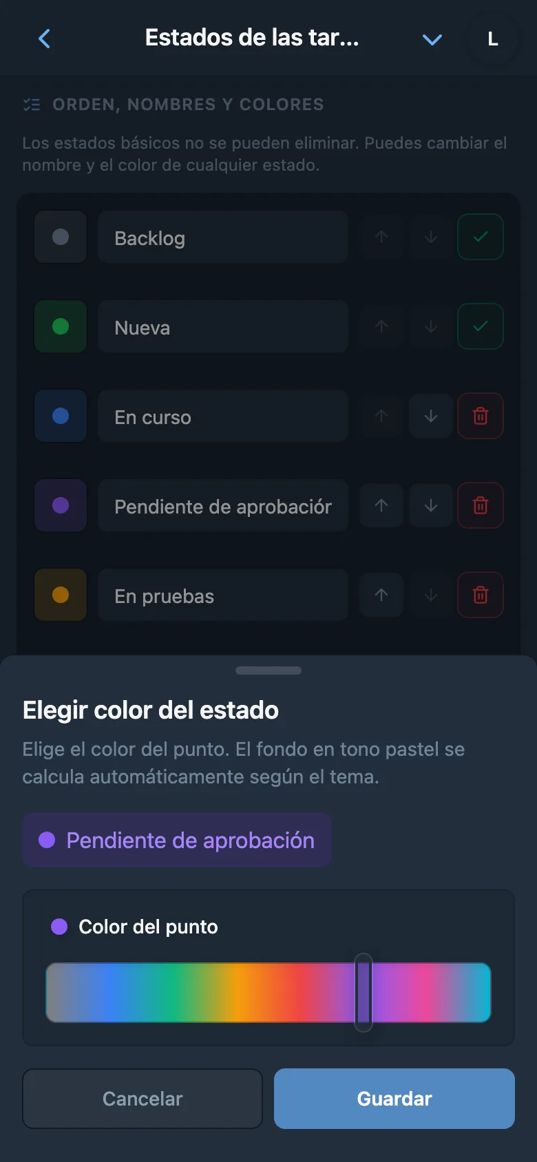 Edición del nombre y selección del color del estado de una tarea