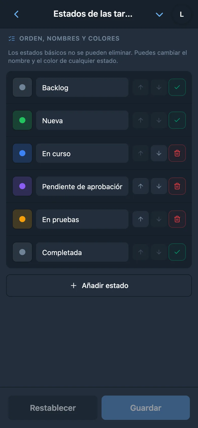 Ajustes de los estados de las tareas con nombres y colores
