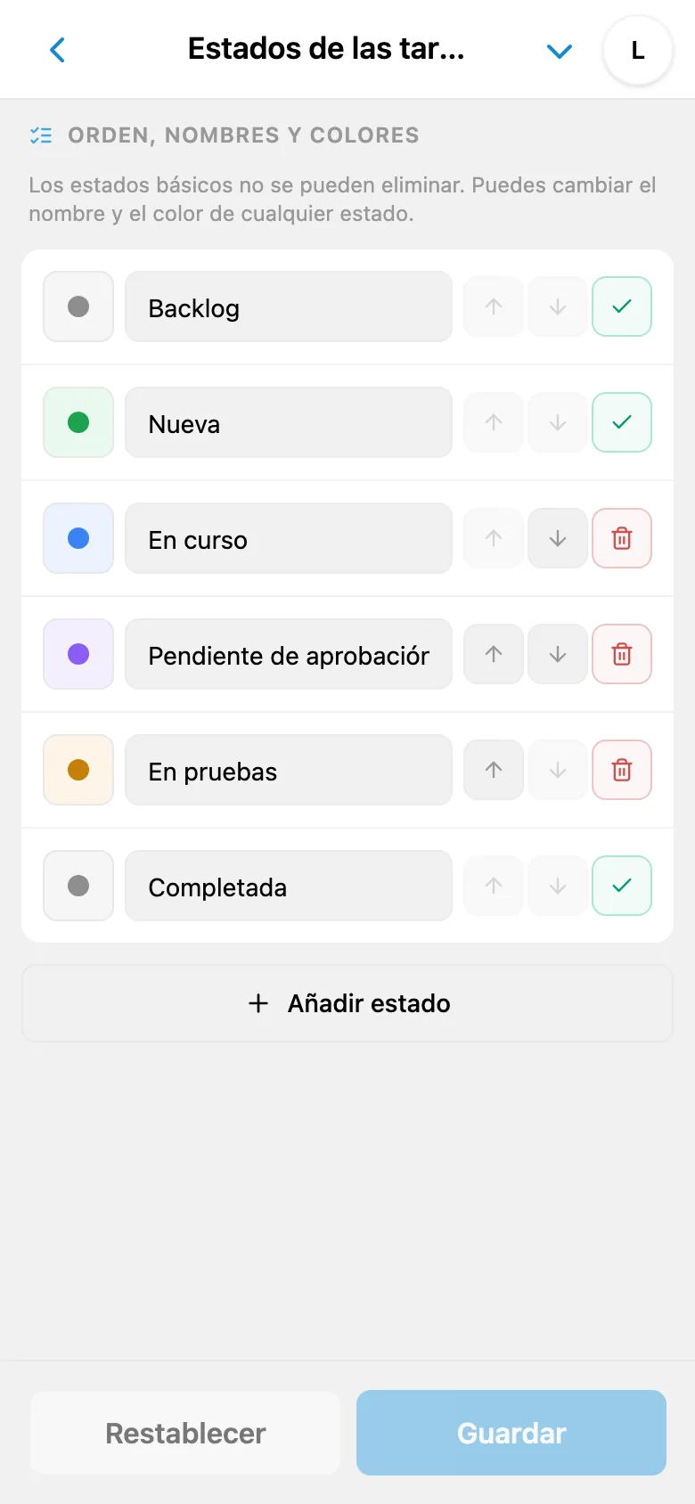 Ajustes de los estados de las tareas con nombres y colores