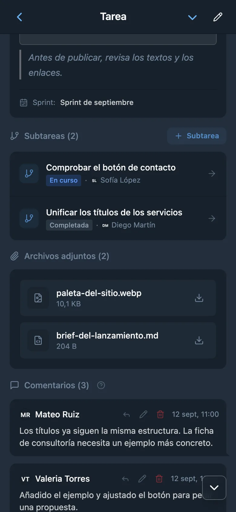 Archivos adjuntos en la ficha de la tarea