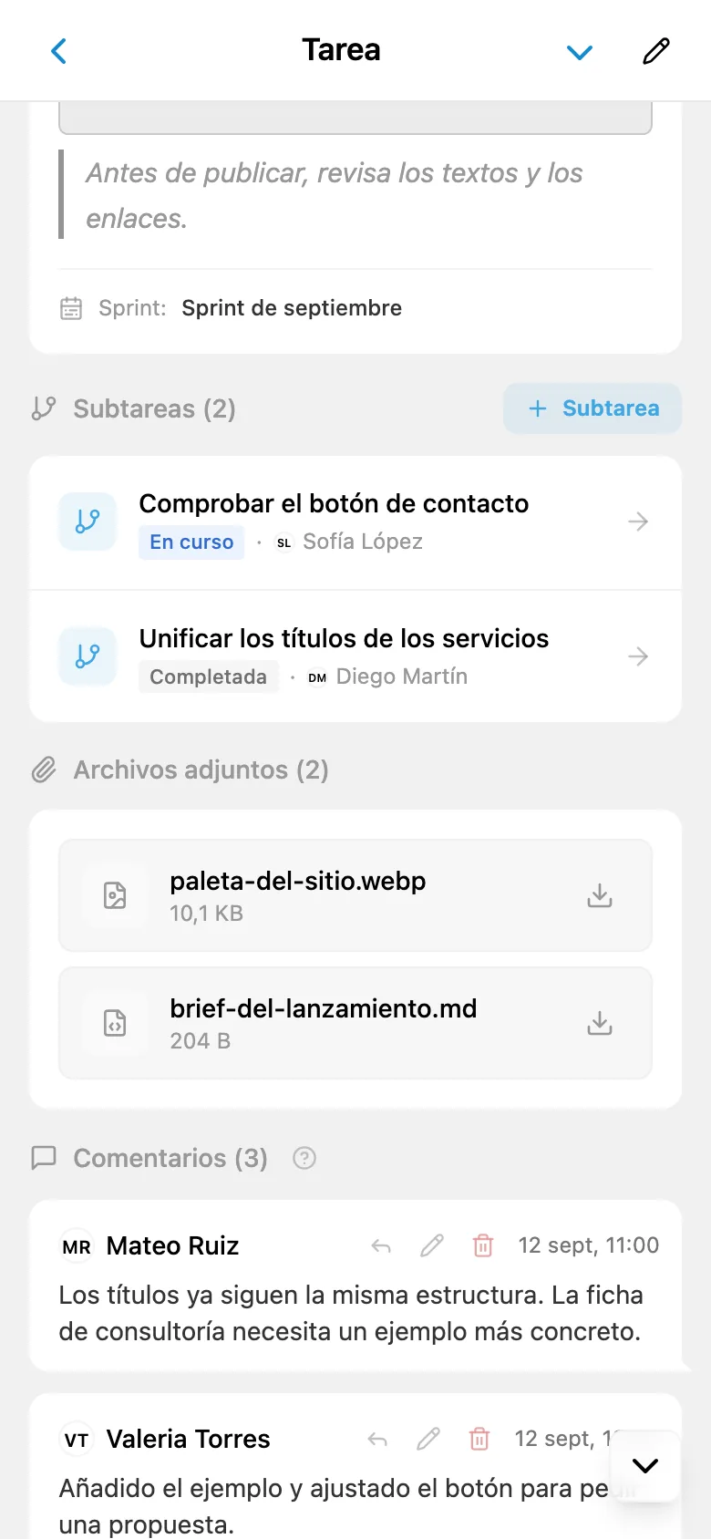 Archivos adjuntos en la ficha de la tarea