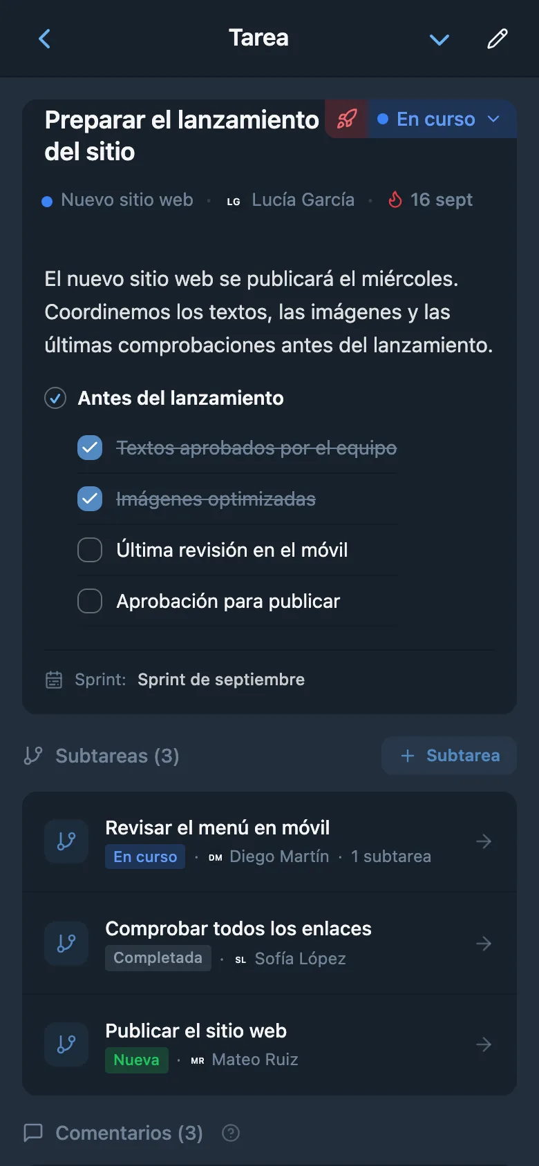 Ficha de una tarea con responsable y fecha límite