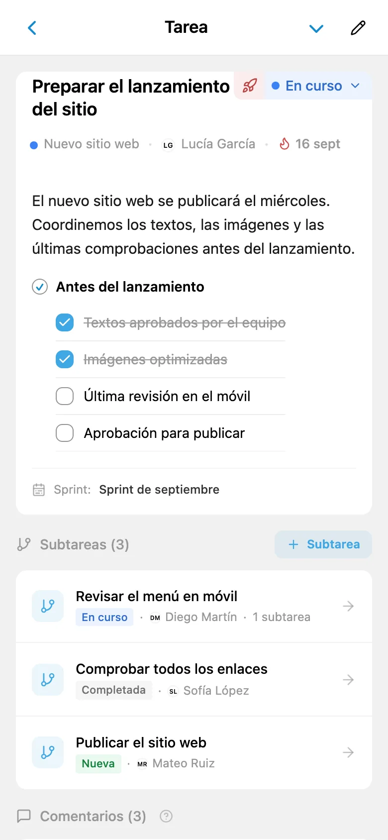 Ficha de una tarea con responsable y fecha límite