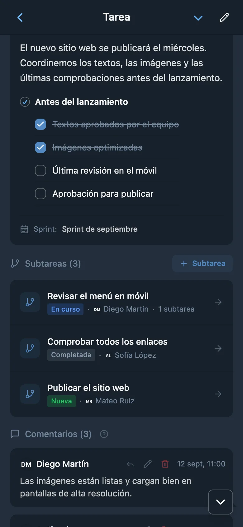 Ficha con la lista de subtareas, sus estados y responsables