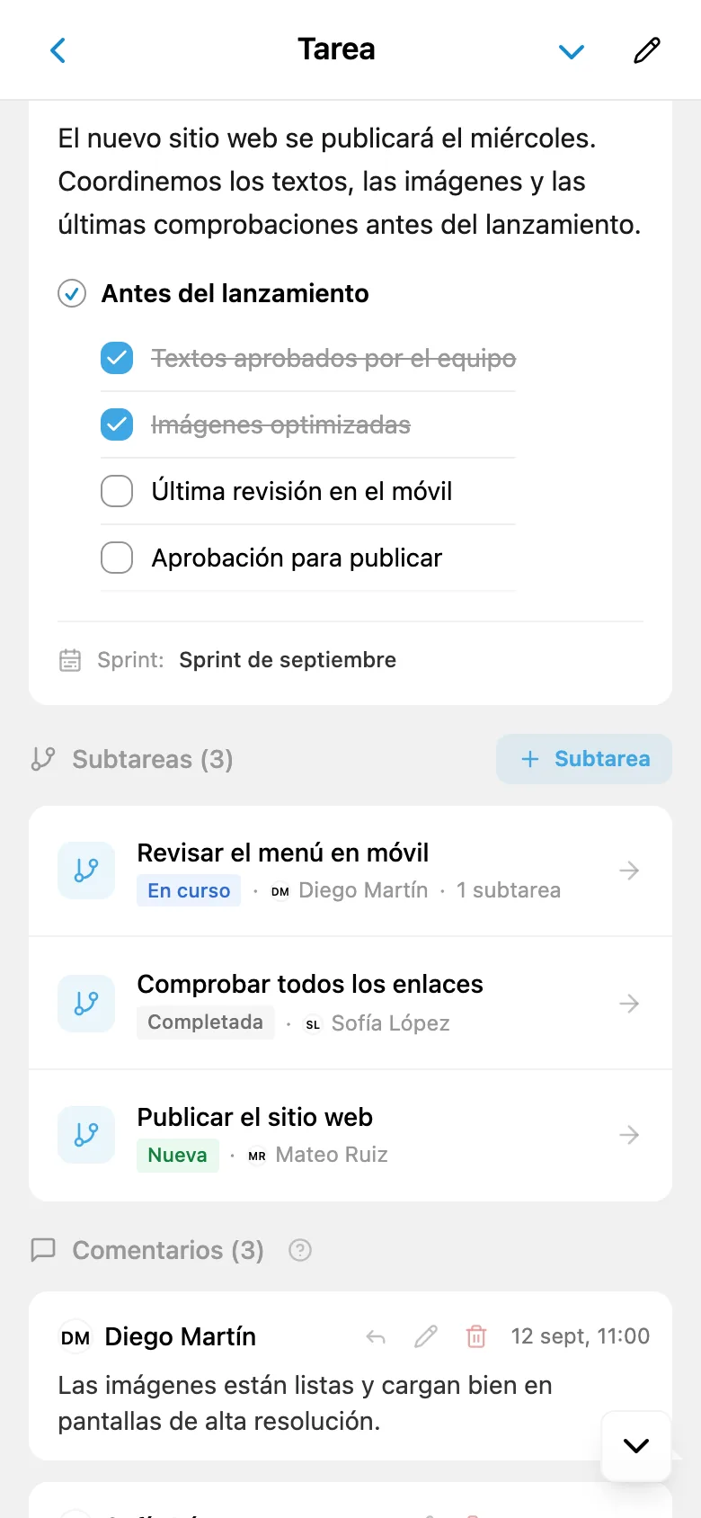 Ficha con la lista de subtareas, sus estados y responsables