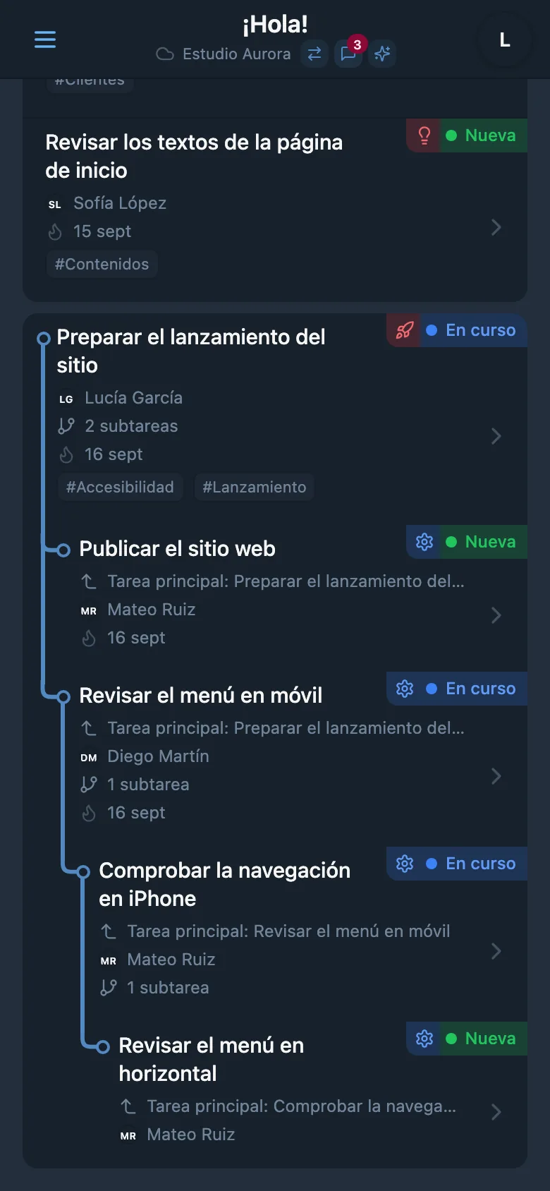 Árbol del proyecto con tareas y subtareas desplegadas