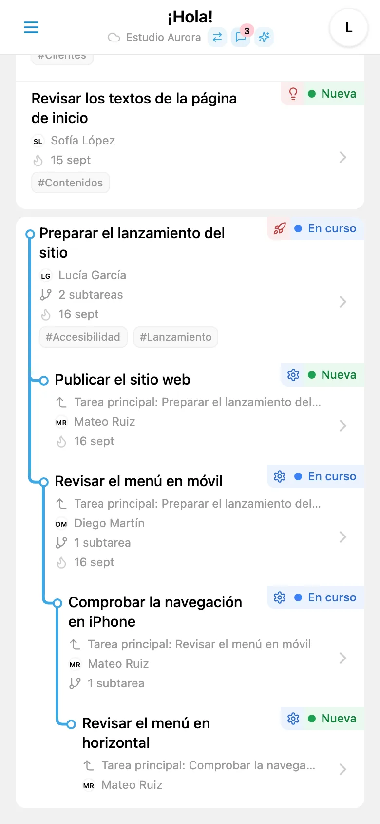 Árbol del proyecto con tareas y subtareas desplegadas