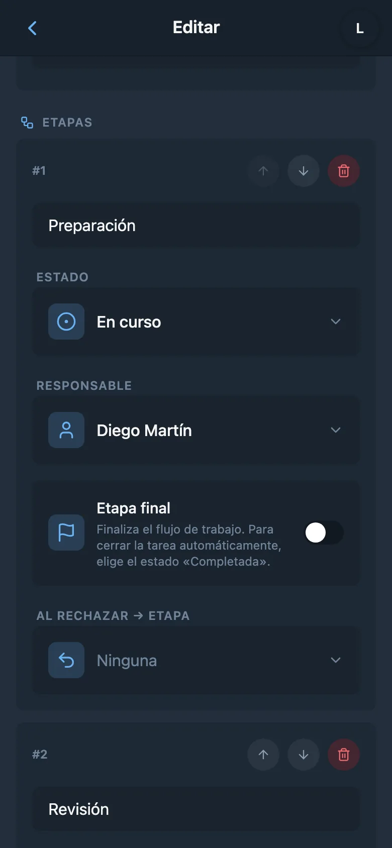 Editor de una etapa del flujo de trabajo con estado y responsable