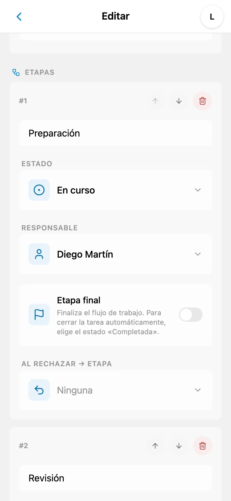 Editor de una etapa del flujo de trabajo con estado y responsable