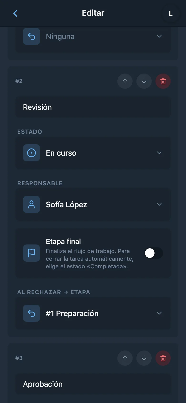 Ajustes de la etapa con un miembro asignado